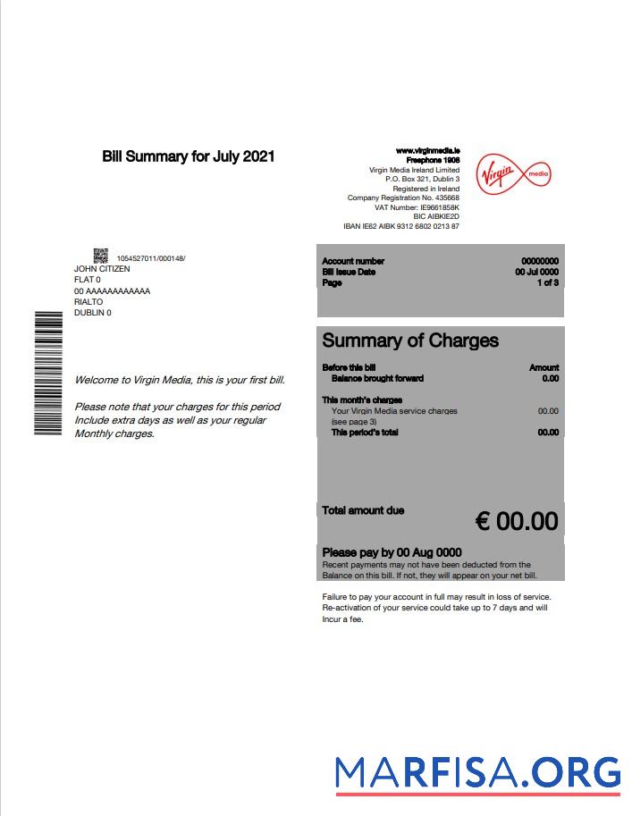 Blank Ireland Virgin Media utility bill template editable in Word and PDF, version 1